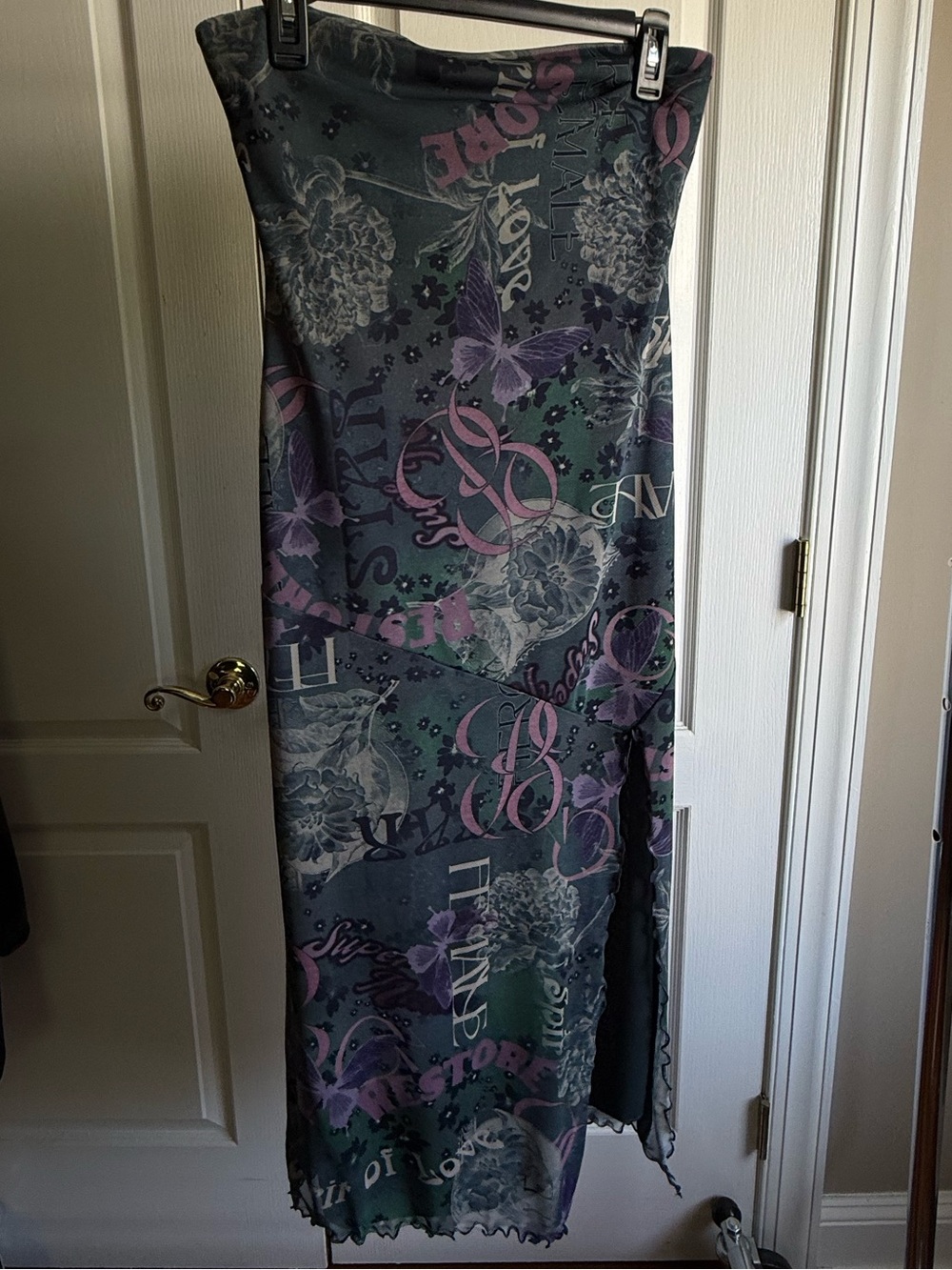 Urban Outfitters Gray Maxi Skirt with Purple Floral and Script Print